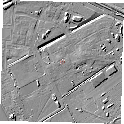 Shaded relief map of the ground around CB241BP, computed from Environment Agency LiDAR. The ground here sits at about 9 m above sea level and falls 9 m across the surrounding 800 m. Surface water reaching this point runs off ground lying to the north-north-west, 0.6 m higher.