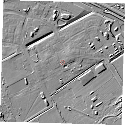 Shaded relief map of the ground around CB241BQ, computed from Environment Agency LiDAR. The ground here sits at about 8 m above sea level and falls 9 m across the surrounding 800 m. Surface water reaching this point runs off ground lying to the east-north-east, 1.0 m higher.