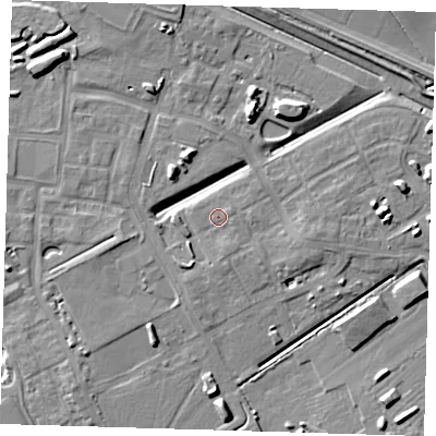 Shaded relief map of the ground around CB241BU, computed from Environment Agency LiDAR. The ground here sits at about 8 m above sea level and falls 8 m across the surrounding 800 m. Surface water reaching this point runs off ground lying to the south, 1.3 m higher.