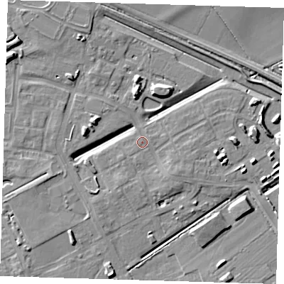 Shaded relief map of the ground around CB241BW, computed from Environment Agency LiDAR. The ground here sits at about 8 m above sea level and falls 8 m across the surrounding 800 m. Surface water reaching this point runs off ground lying to the south-east, 2.0 m higher.