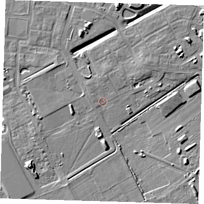 Shaded relief map of the ground around CB241BY, computed from Environment Agency LiDAR. The ground here sits at about 8 m above sea level and falls 9 m across the surrounding 800 m. Surface water reaching this point runs off ground lying to the west-north-west, 1.4 m higher.