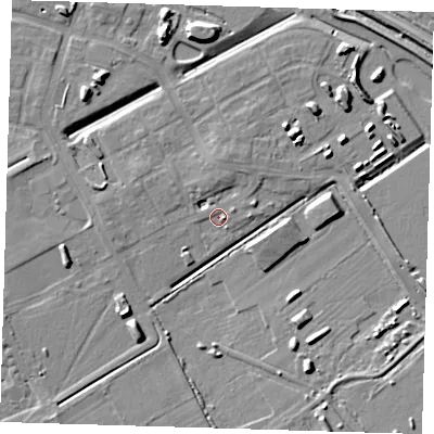 Shaded relief map of the ground around CB241DL, computed from Environment Agency LiDAR. The ground here sits at about 7 m above sea level and falls 8 m across the surrounding 800 m. Surface water reaching this point runs off ground lying to the north-north-west, 3.2 m higher.