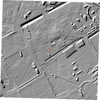 Shaded relief map of the ground around CB241DQ, computed from Environment Agency LiDAR. The ground here sits at about 7 m above sea level and falls 9 m across the surrounding 800 m. Surface water reaching this point runs off ground lying to the west, 2.2 m higher.