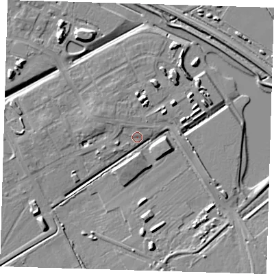 Shaded relief map of the ground around CB241DS, computed from Environment Agency LiDAR. The ground here sits at about 7 m above sea level and falls 8 m across the surrounding 800 m. Surface water reaching this point runs off ground lying to the south-west, 6.3 m higher.
