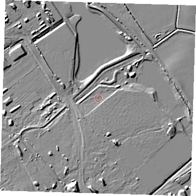 Shaded relief map of the ground around CB241DX, computed from Environment Agency LiDAR. The ground here sits at about 7 m above sea level and falls 12 m across the surrounding 800 m. Surface water reaching this point runs off ground lying to the south-south-west, 2.0 m higher.