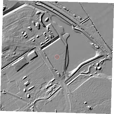 Shaded relief map of the ground around CB241EF, computed from Environment Agency LiDAR. The ground here sits at about 7 m above sea level and falls 8 m across the surrounding 800 m. The ground contributing surface water to this point lies to the north-north-west.
