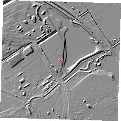 Shaded relief map of the ground around CB241EG, computed from Environment Agency LiDAR. The ground here sits at about 7 m above sea level and falls 8 m across the surrounding 800 m. The ground contributing surface water to this point lies to the north-north-east.