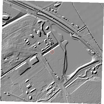 Shaded relief map of the ground around CB241EH, computed from Environment Agency LiDAR. The ground here sits at about 7 m above sea level and falls 8 m across the surrounding 800 m. Surface water reaching this point runs off ground lying to the west-north-west, 4.3 m higher.