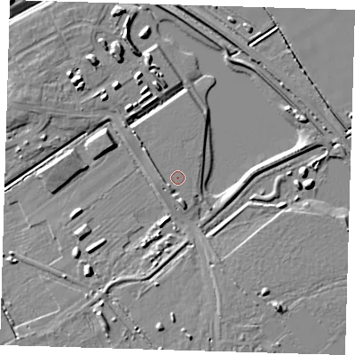Shaded relief map of the ground around CB241EJ, computed from Environment Agency LiDAR. The ground here sits at about 7 m above sea level and falls 8 m across the surrounding 800 m. The ground contributing surface water to this point lies to the south.