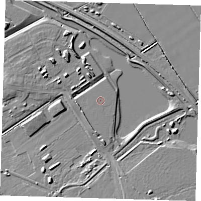 Shaded relief map of the ground around CB241EL, computed from Environment Agency LiDAR. The ground here sits at about 7 m above sea level and falls 8 m across the surrounding 800 m. The ground contributing surface water to this point lies to the south.