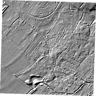 Shaded relief map of the ground around CB243AB, computed from Environment Agency LiDAR. The ground here sits at about 9 m above sea level and falls 7 m across the surrounding 800 m. Surface water reaching this point runs off ground lying to the west-north-west, 2.0 m higher.