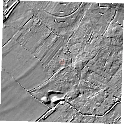 Shaded relief map of the ground around CB243AD, computed from Environment Agency LiDAR. The ground here sits at about 9 m above sea level and falls 7 m across the surrounding 800 m. Surface water reaching this point runs off ground lying to the west, 3.3 m higher.