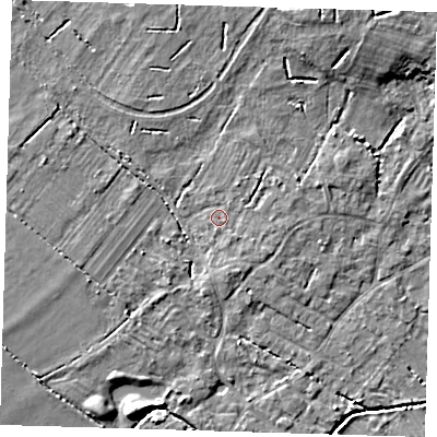 Shaded relief map of the ground around CB243AE, computed from Environment Agency LiDAR. The ground here sits at about 9 m above sea level and falls 8 m across the surrounding 800 m. Surface water reaching this point runs off ground lying to the north-north-east, 6.7 m higher.