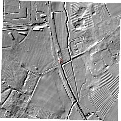 Shaded relief map of the ground around CB243AH, computed from Environment Agency LiDAR. The ground here sits at about 9 m above sea level and falls 9 m across the surrounding 800 m. Surface water reaching this point runs off ground lying to the west-south-west, 1.7 m higher.