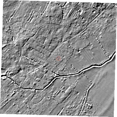 Shaded relief map of the ground around CB243AJ, computed from Environment Agency LiDAR. The ground here sits at about 9 m above sea level and falls 6 m across the surrounding 800 m. The ground contributing surface water to this point lies to the north.