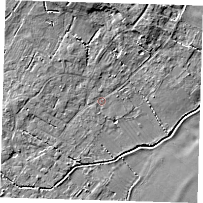 Shaded relief map of the ground around CB243AL, computed from Environment Agency LiDAR. The ground here sits at about 9 m above sea level and falls 7 m across the surrounding 800 m. Surface water reaching this point runs off ground lying to the north-north-west, 4.7 m higher.