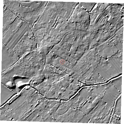 Shaded relief map of the ground around CB243AP, computed from Environment Agency LiDAR. The ground here sits at about 9 m above sea level and falls 6 m across the surrounding 800 m. Surface water reaching this point runs off ground lying to the north-north-east, 1.0 m higher.