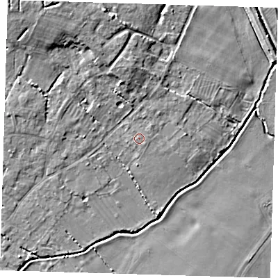Shaded relief map of the ground around CB243AW, computed from Environment Agency LiDAR. The ground here sits at about 9 m above sea level and falls 10 m across the surrounding 800 m. Surface water reaching this point runs off ground lying to the east-south-east, 0.7 m higher.