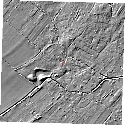 Shaded relief map of the ground around CB243BB, computed from Environment Agency LiDAR. The ground here sits at about 9 m above sea level and falls 5 m across the surrounding 800 m. Surface water reaching this point runs off ground lying to the north-north-east, 3.2 m higher.