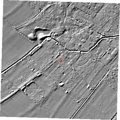 Shaded relief map of the ground around CB243BD, computed from Environment Agency LiDAR. The ground here sits at about 9 m above sea level and falls 5 m across the surrounding 800 m. Surface water reaching this point runs off ground lying to the west-south-west, 0.6 m higher.