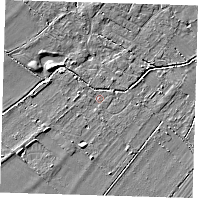 Shaded relief map of the ground around CB243BE, computed from Environment Agency LiDAR. The ground here sits at about 9 m above sea level and falls 5 m across the surrounding 800 m. Surface water reaching this point runs off ground lying to the west, 2.1 m higher.