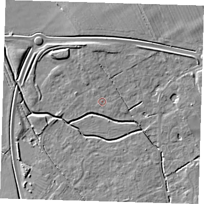 Shaded relief map of the ground around CB243BF, computed from Environment Agency LiDAR. The ground here sits at about 8 m above sea level and falls 6 m across the surrounding 800 m. Surface water reaching this point runs off ground lying to the north-north-east, 1.3 m higher.