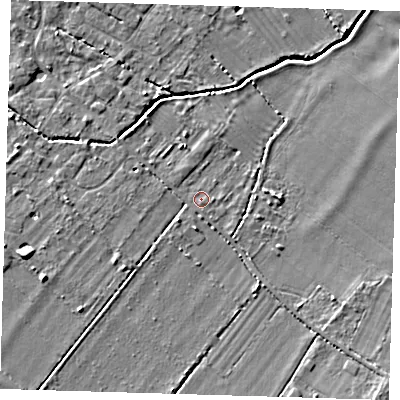 Shaded relief map of the ground around CB243BG, computed from Environment Agency LiDAR. The ground here sits at about 9 m above sea level and falls 5 m across the surrounding 800 m. Surface water reaching this point runs off ground lying to the west, 2.5 m higher.