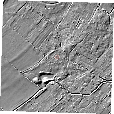 Shaded relief map of the ground around CB243BH, computed from Environment Agency LiDAR. The ground here sits at about 9 m above sea level and falls 5 m across the surrounding 800 m. Surface water reaching this point runs off ground lying to the west, 0.9 m higher.