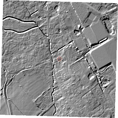 Shaded relief map of the ground around CB243BN, computed from Environment Agency LiDAR. The ground here sits at about 8 m above sea level and falls 7 m across the surrounding 800 m. Surface water reaching this point runs off ground lying to the south-east, 2.8 m higher.