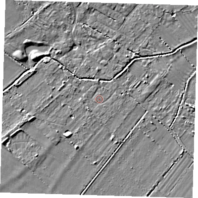 Shaded relief map of the ground around CB243BQ, computed from Environment Agency LiDAR. The ground here sits at about 9 m above sea level and falls 5 m across the surrounding 800 m. Surface water reaching this point runs off ground lying to the west, 2.2 m higher.