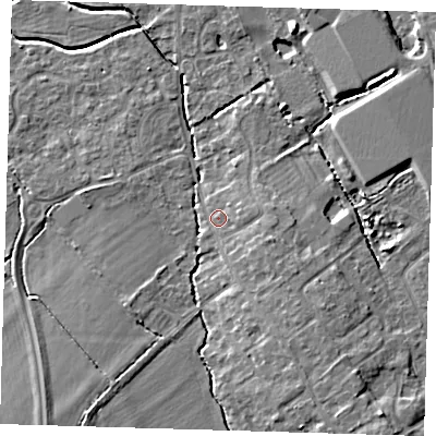 Shaded relief map of the ground around CB243BS, computed from Environment Agency LiDAR. The ground here sits at about 8 m above sea level and falls 7 m across the surrounding 800 m. Surface water reaching this point runs off ground lying to the south-east, 3.8 m higher.