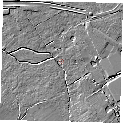 Shaded relief map of the ground around CB243BT, computed from Environment Agency LiDAR. The ground here sits at about 7 m above sea level and falls 7 m across the surrounding 800 m. Surface water reaching this point runs off ground lying to the north-north-east, 3.6 m higher.