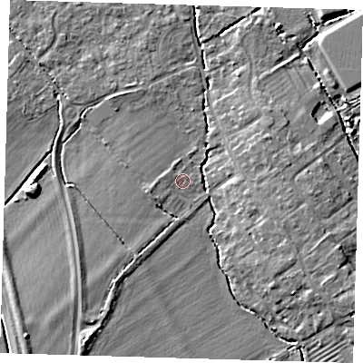 Shaded relief map of the ground around CB243BW, computed from Environment Agency LiDAR. The ground here sits at about 8 m above sea level and falls 7 m across the surrounding 800 m. Surface water reaching this point runs off ground lying to the west-south-west, 1.3 m higher.