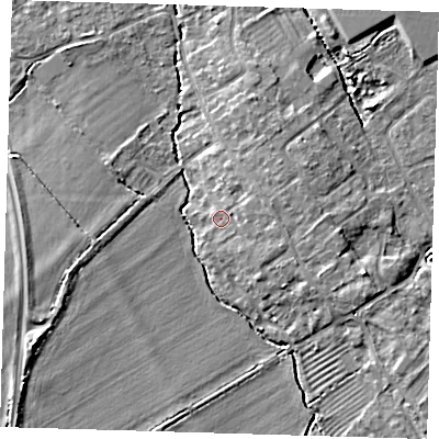 Shaded relief map of the ground around CB243DJ, computed from Environment Agency LiDAR. The ground here sits at about 9 m above sea level and falls 7 m across the surrounding 800 m. Surface water reaching this point runs off ground lying to the east-north-east, 2.0 m higher.