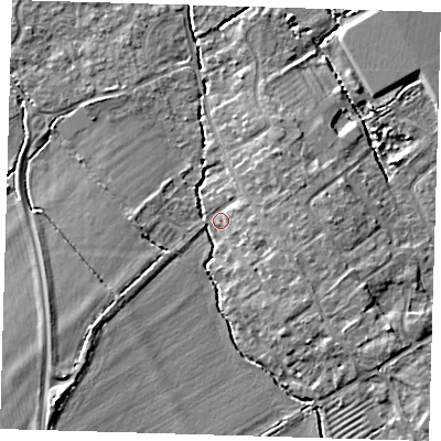 Shaded relief map of the ground around CB243DN, computed from Environment Agency LiDAR. The ground here sits at about 8 m above sea level and falls 7 m across the surrounding 800 m. Surface water reaching this point runs off ground lying to the south-east, 5.5 m higher.