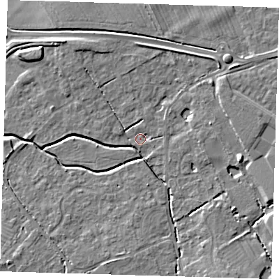 Shaded relief map of the ground around CB243DP, computed from Environment Agency LiDAR. The ground here sits at about 7 m above sea level and falls 6 m across the surrounding 800 m. Surface water reaching this point runs off ground lying to the north-west, 4.0 m higher.