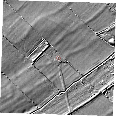 Shaded relief map of the ground around CB243DQ, computed from Environment Agency LiDAR. The ground here sits at about 11 m above sea level and falls 6 m across the surrounding 800 m. Surface water reaching this point runs off ground lying to the west-north-west, 4.0 m higher.