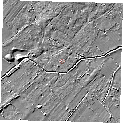Shaded relief map of the ground around CB243DU, computed from Environment Agency LiDAR. The ground here sits at about 9 m above sea level and falls 5 m across the surrounding 800 m. Surface water reaching this point runs off ground lying to the south-west, 2.1 m higher.