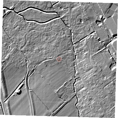 Shaded relief map of the ground around CB243DW, computed from Environment Agency LiDAR. The ground here sits at about 8 m above sea level and falls 7 m across the surrounding 800 m. Surface water reaching this point runs off ground lying to the west, 0.7 m higher.