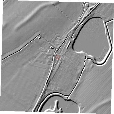 Shaded relief map of the ground around CB243DX, computed from Environment Agency LiDAR. The ground here sits at about 12 m above sea level and falls 6 m across the surrounding 800 m. Surface water reaching this point runs off ground lying to the south-south-west, 3.4 m higher.