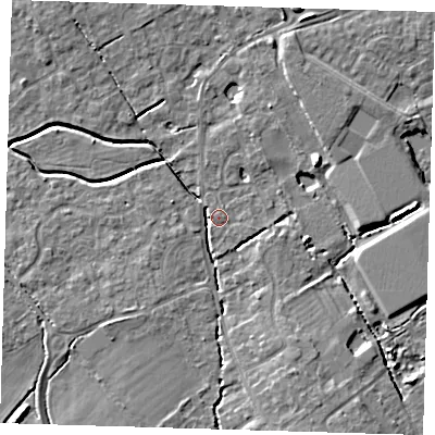 Shaded relief map of the ground around CB243DZ, computed from Environment Agency LiDAR. The ground here sits at about 8 m above sea level and falls 7 m across the surrounding 800 m. Surface water reaching this point runs off ground lying to the east, 6.2 m higher.