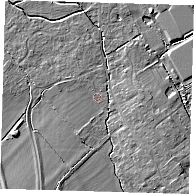 Shaded relief map of the ground around CB243EA, computed from Environment Agency LiDAR. The ground here sits at about 8 m above sea level and falls 7 m across the surrounding 800 m. Surface water reaching this point runs off ground lying to the south-south-west, 1.4 m higher.