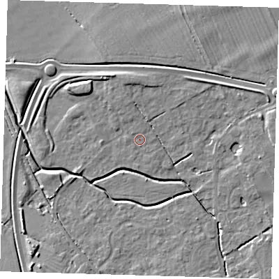 Shaded relief map of the ground around CB243ER, computed from Environment Agency LiDAR. The ground here sits at about 8 m above sea level and falls 6 m across the surrounding 800 m. Surface water reaching this point runs off ground lying to the north-north-east, 1.0 m higher.
