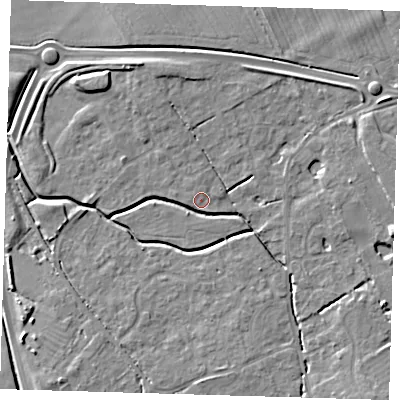 Shaded relief map of the ground around CB243EX, computed from Environment Agency LiDAR. The ground here sits at about 8 m above sea level and falls 6 m across the surrounding 800 m. Surface water reaching this point runs off ground lying to the north, 0.9 m higher.
