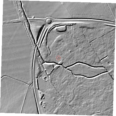 Shaded relief map of the ground around CB243EY, computed from Environment Agency LiDAR. The ground here sits at about 7 m above sea level and falls 7 m across the surrounding 800 m. Surface water reaching this point runs off ground lying to the north-north-east, 4.4 m higher.