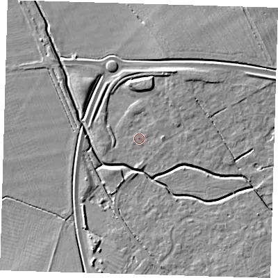 Shaded relief map of the ground around CB243EZ, computed from Environment Agency LiDAR. The ground here sits at about 8 m above sea level and falls 7 m across the surrounding 800 m. Surface water reaching this point runs off ground lying to the north-north-east, 4.4 m higher.