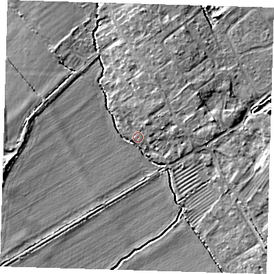 Shaded relief map of the ground around CB243FG, computed from Environment Agency LiDAR. The ground here sits at about 9 m above sea level and falls 7 m across the surrounding 800 m. Surface water reaching this point runs off ground lying to the east, 4.9 m higher.