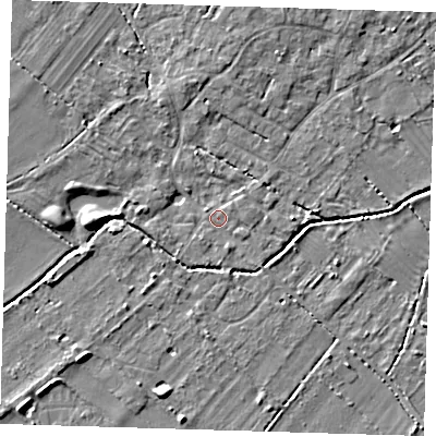 Shaded relief map of the ground around CB243FH, computed from Environment Agency LiDAR. The ground here sits at about 9 m above sea level and falls 5 m across the surrounding 800 m. Surface water reaching this point runs off ground lying to the south-south-east, 2.1 m higher.