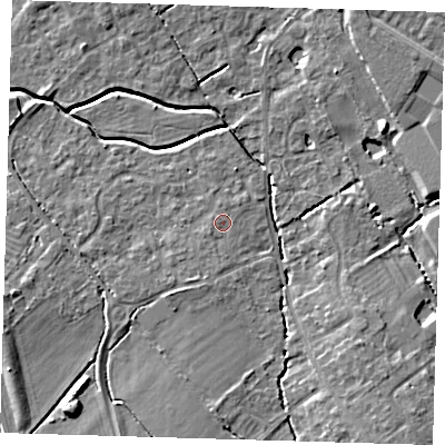 Shaded relief map of the ground around CB243GN, computed from Environment Agency LiDAR. The ground here sits at about 8 m above sea level and falls 7 m across the surrounding 800 m. Surface water reaching this point runs off ground lying to the south, 0.8 m higher.