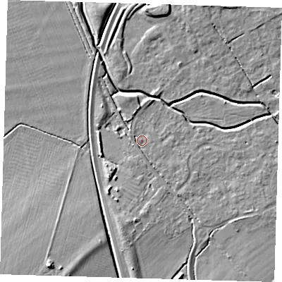 Shaded relief map of the ground around CB243GP, computed from Environment Agency LiDAR. The ground here sits at about 7 m above sea level and falls 8 m across the surrounding 800 m. Surface water reaching this point runs off ground lying to the south, 3.5 m higher.